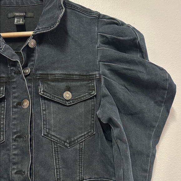 F21 Denim puff sleeve Grey Black denim jean mini dress long sleeve belted medium - Picture 5 of 8